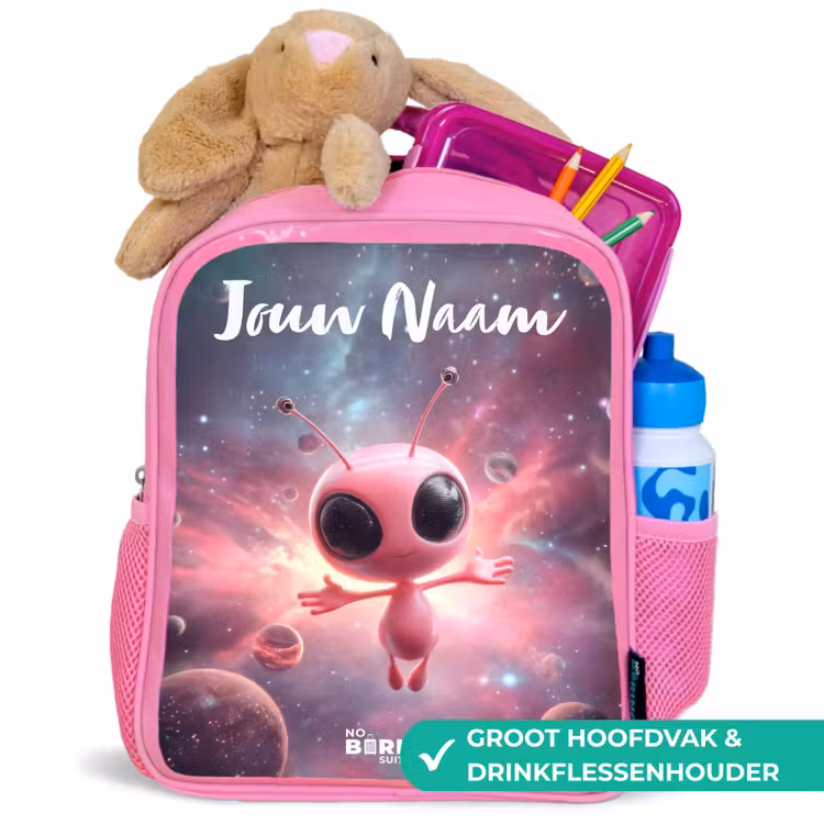 Kinderrugzak met naam - Roze - Roze Alien in Sterrennevel — 2