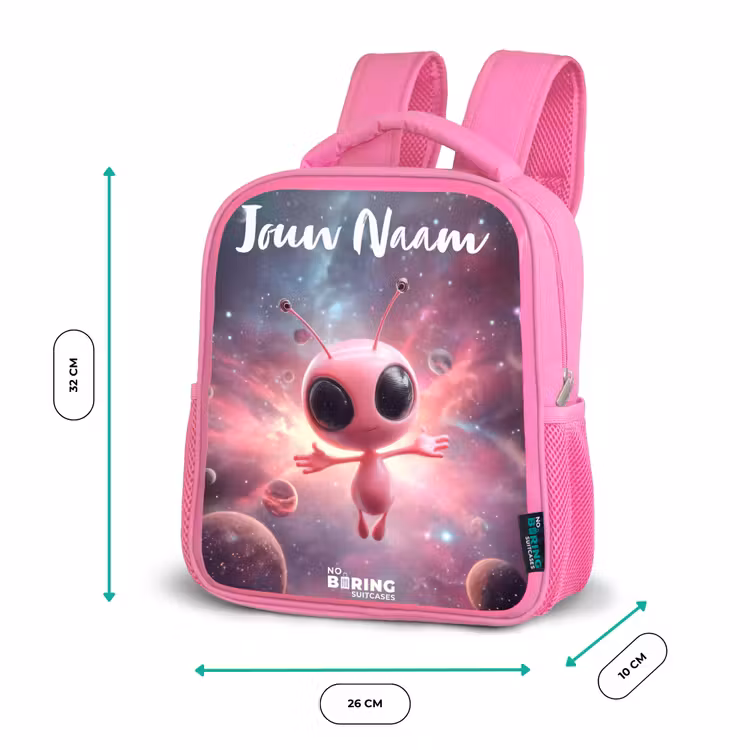 Kinderrugzak met naam - Roze - Roze Alien in Sterrennevel — 3