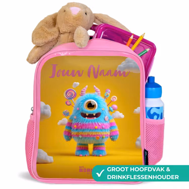 Kinderrugzak met naam - Roze - Snoep - Monster - Regenboog — 2