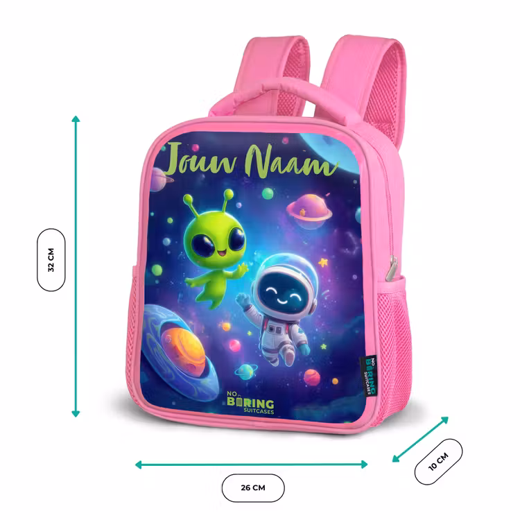 Kinderrugzak met naam - Roze - Vrolijke Ontmoeting in de Ruimte — 3