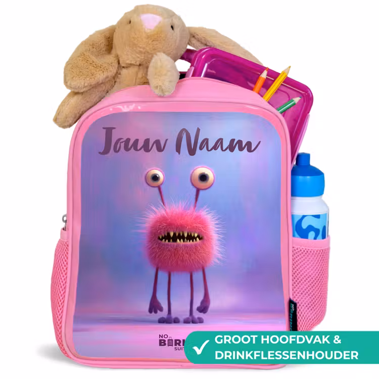 Kinderrugzak met naam - Roze - Roze harig monster met grote ogen — 2
