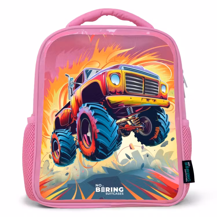 Kinderrugzak - Roze - Roze Monstertruck Vliegt over het Asfalt — 1