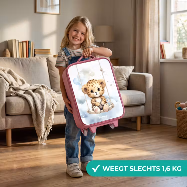 Kinderkoffer - Roze - Cheeta welpje op een schommel in de wolken — 2