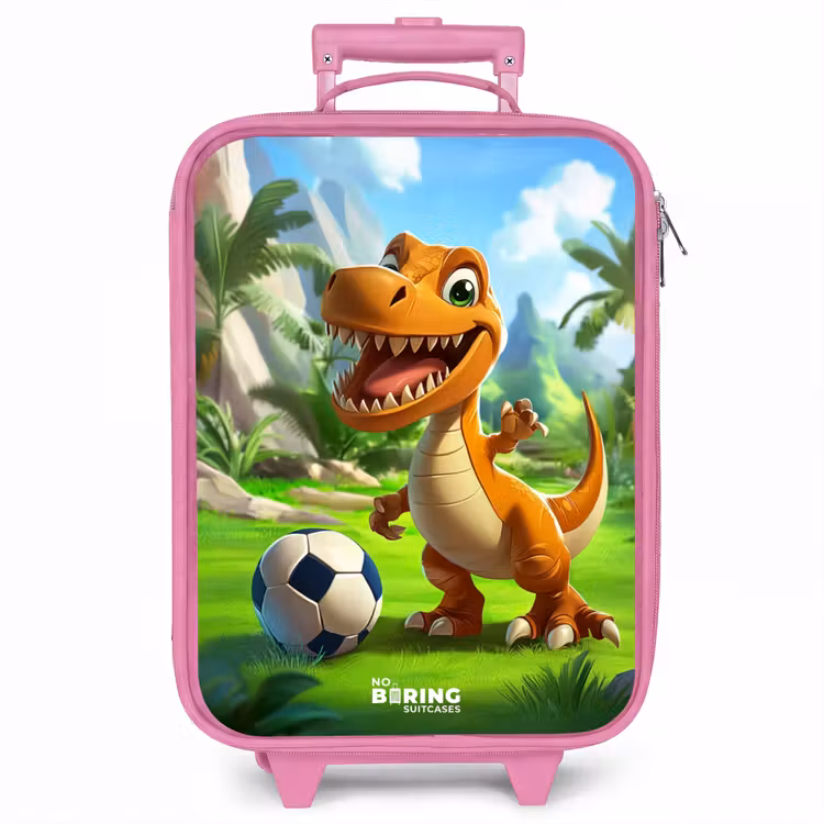 Kinderkoffer - Roze - Dino met een voetbal in groen landschap — 1