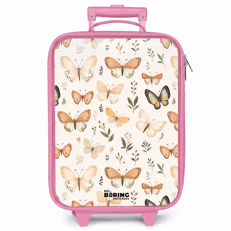 Kinderkoffer - Roze - Vlinders in beige en oranjetinten tussen groene blaadjes — 1