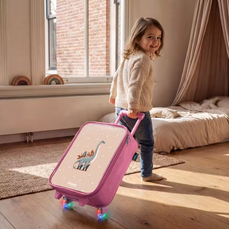 Kinderkoffer - Roze - Blauwe dinosaurus op een beige stippenachtergrond — 3