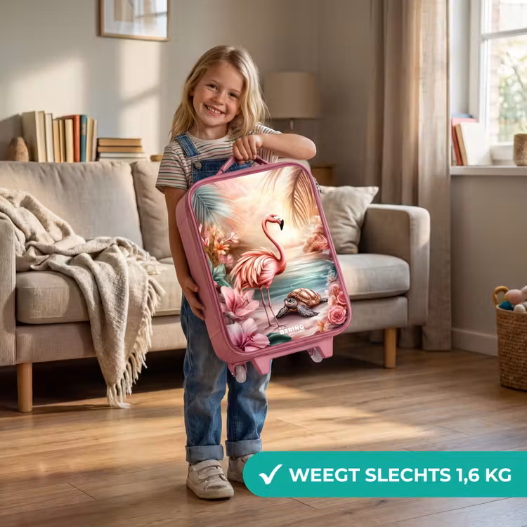 Kinderkoffer - Roze - Flamingo en schildpad op een roze strand. — 2