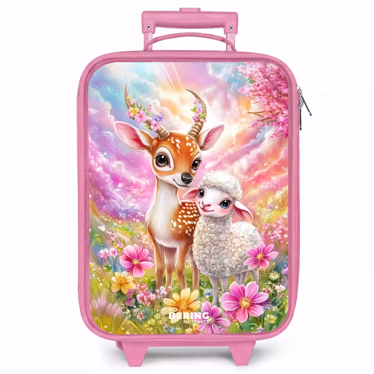 Kinderkoffer - Roze - Hertje met een lammetje in pastelbloemenveld — 1