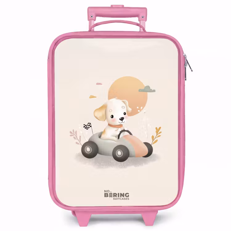Kinderkoffer - Roze - Puppy in een raceauto in beige kleuren — 1