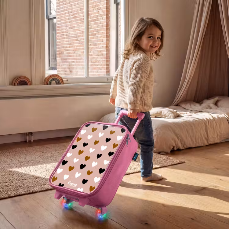 Kinderkoffer - Roze - Zwart, wit en bruin hartjespatroon op oudroze achtergrond — 3