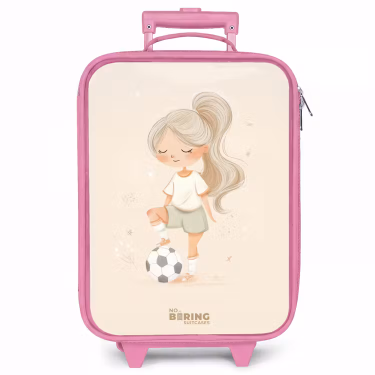 Kinderkoffer - Roze - Meisje met een voetbal in beige kleuren — 1