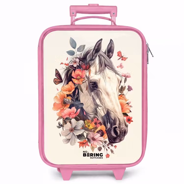 Kinderkoffer - Roze - Wit paardenhoofd omringd door bloemen en vlinders — 1