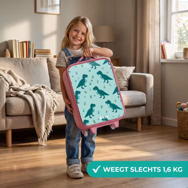 Kinderkoffer - Roze - Vriendelijke T. rex tussen sporen — 2
