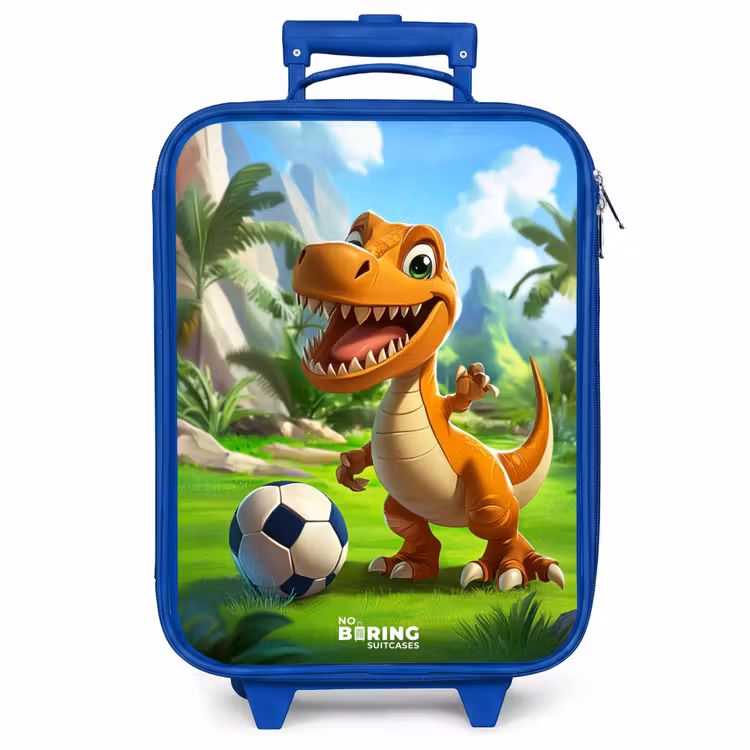 Kinderkoffer - Blauw - Dino met een voetbal in groen landschap — 1