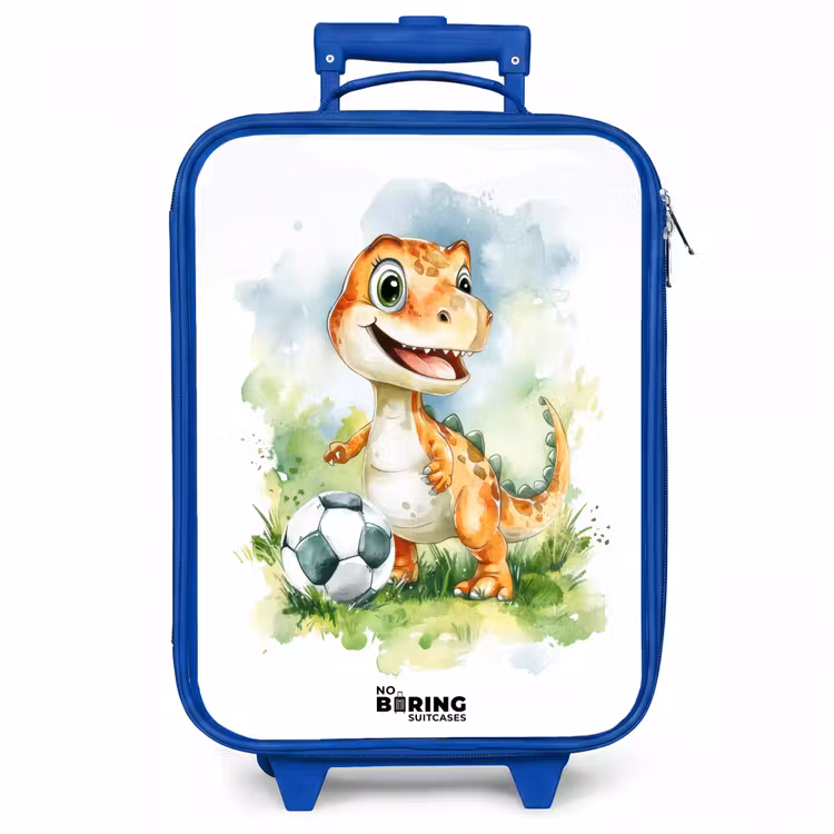 Kinderkoffer - Blauw - Dino met voetbal in kleurrijk veld — 1