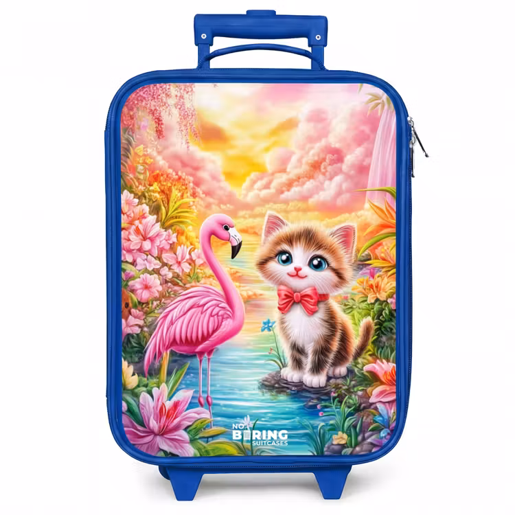 Kinderkoffer - Blauw - Kitten met flamingo in tropisch bloemenparadijs — 1