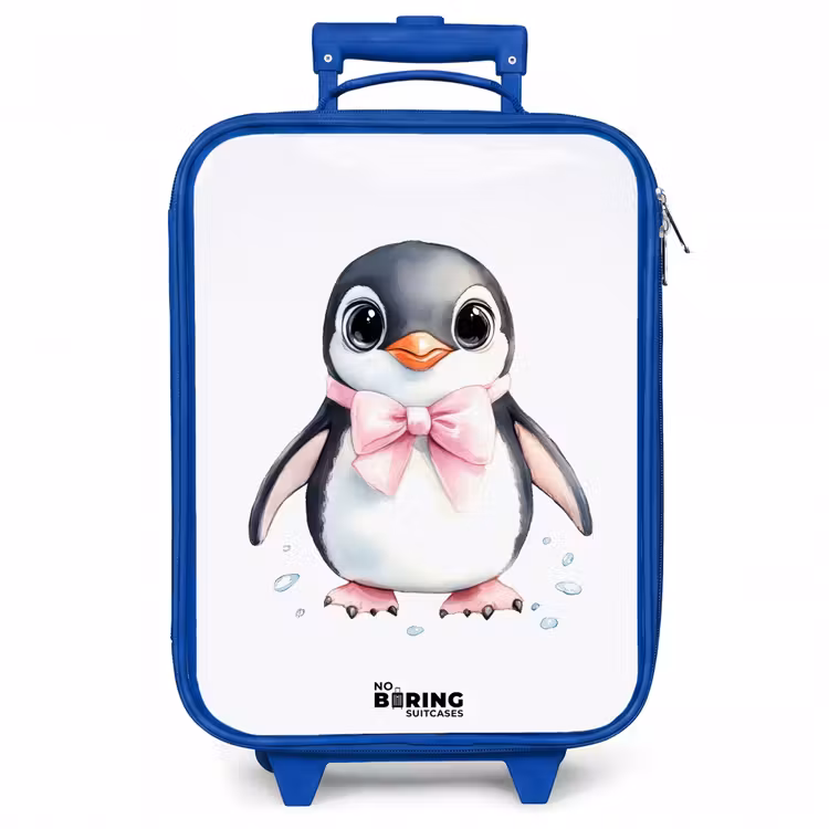 Kinderkoffer - Blauw - Pinguïn met roze strik en ijsdruppels — 1
