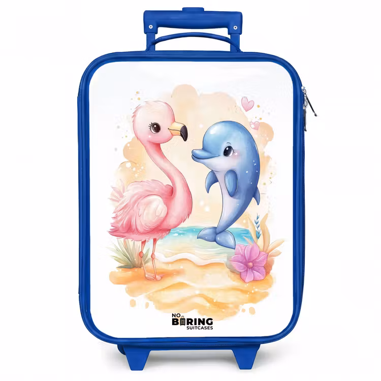 Kinderkoffer - Blauw - Roze flamingo en blauwe dolfijn op een strand — 1
