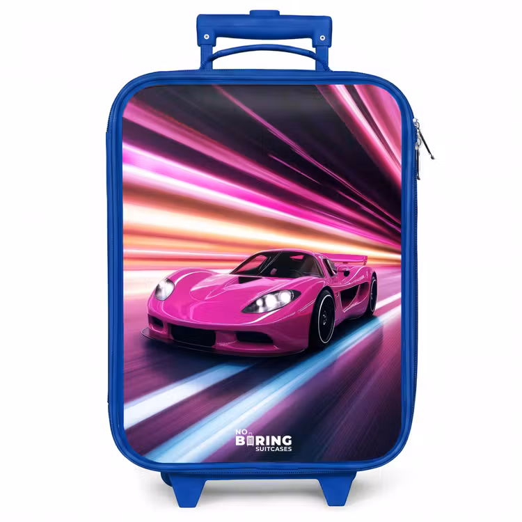 Kinderkoffer - Blauw - Roze raceauto flitst door neonlicht — 1
