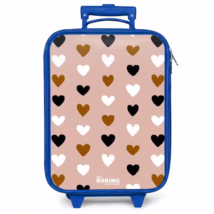 Kinderkoffer - Blauw - Zwart, wit en bruin hartjespatroon op oudroze achtergrond — 1