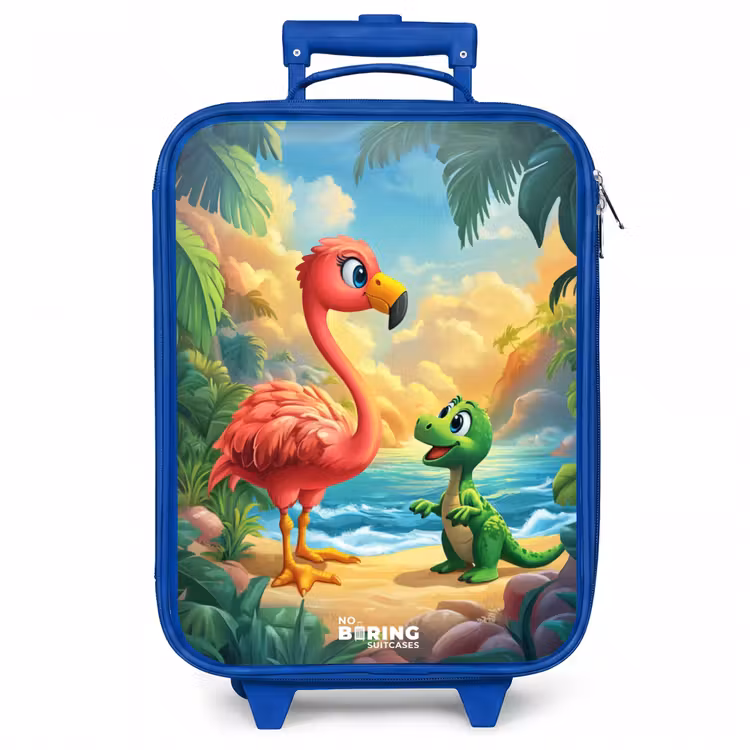 Kinderkoffer - Blauw - Flamingo en dinosaurus op strand bij ondergaande zon — 1