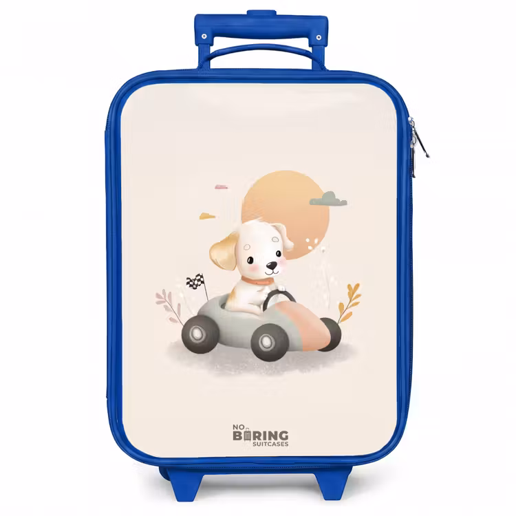 Kinderkoffer - Blauw - Puppy in een raceauto in beige kleuren — 1