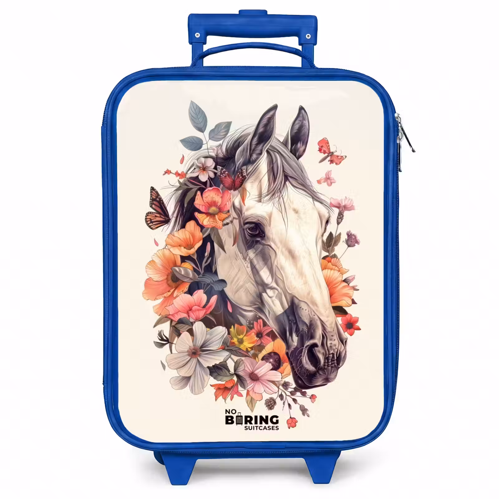 Kinderkoffer - Blauw - Wit paardenhoofd omringd door bloemen en vlinders — 1
