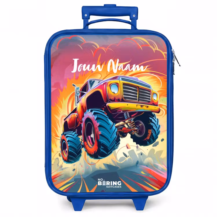 Kinderkoffer - Blauw - Roze Monstertruck Vliegt over het Asfalt — 1