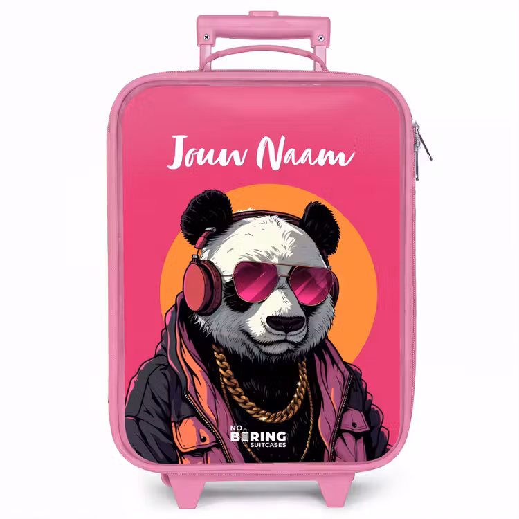 Kinderkoffer met naam - Roze - Panda met Koptelefoon, Zonnebril en Gouden Ketting — 1
