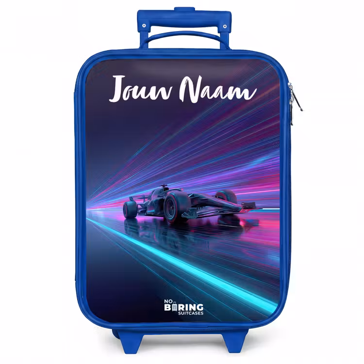 Kinderkoffer met naam - Blauw - Lichtstralen - Neon - Racewagen - Paars — 1