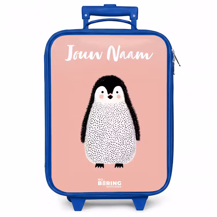 Kinderkoffer met naam - Blauw - Pinguïn - Stippen - Roze - Minimalistisch — 1