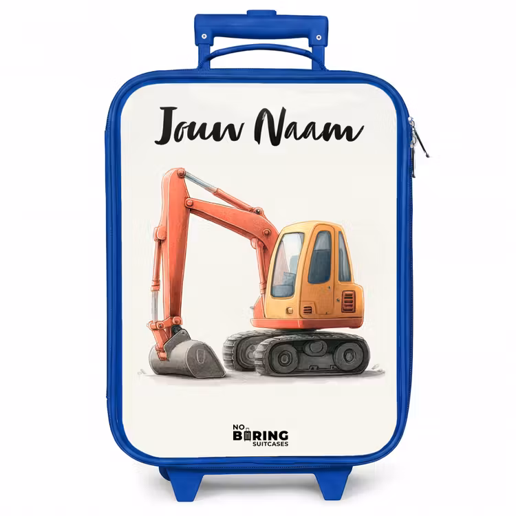 Kinderkoffer met naam - Blauw - Graafmachine - Getekend - Oranje — 1