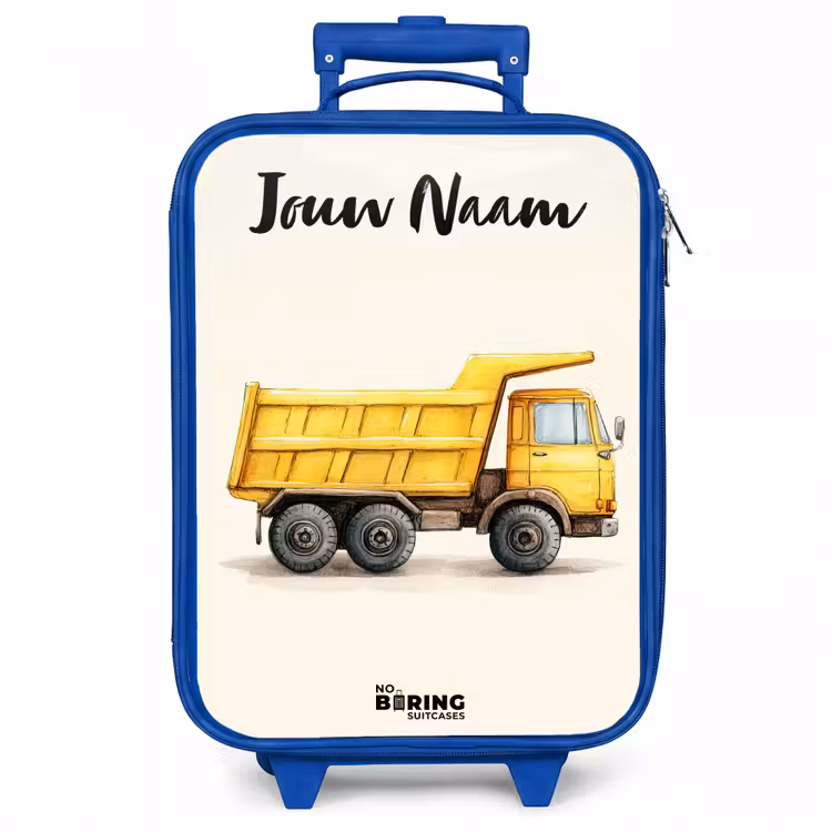Kinderkoffer met naam - Blauw - Kiepwagen - Getekend - Geel — 1