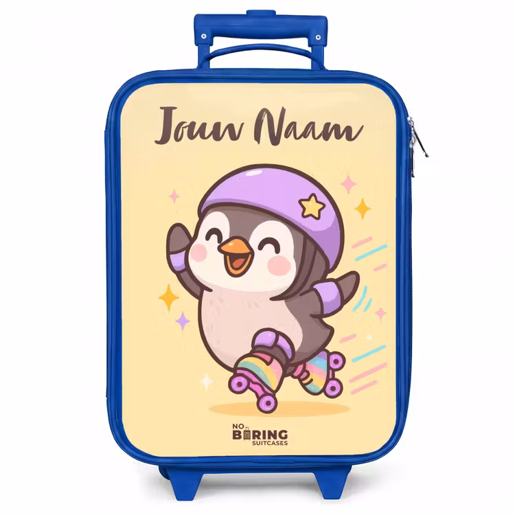 Kinderkoffer met naam - Blauw - Kawai - Pinguin - Rolschaatsen — 1