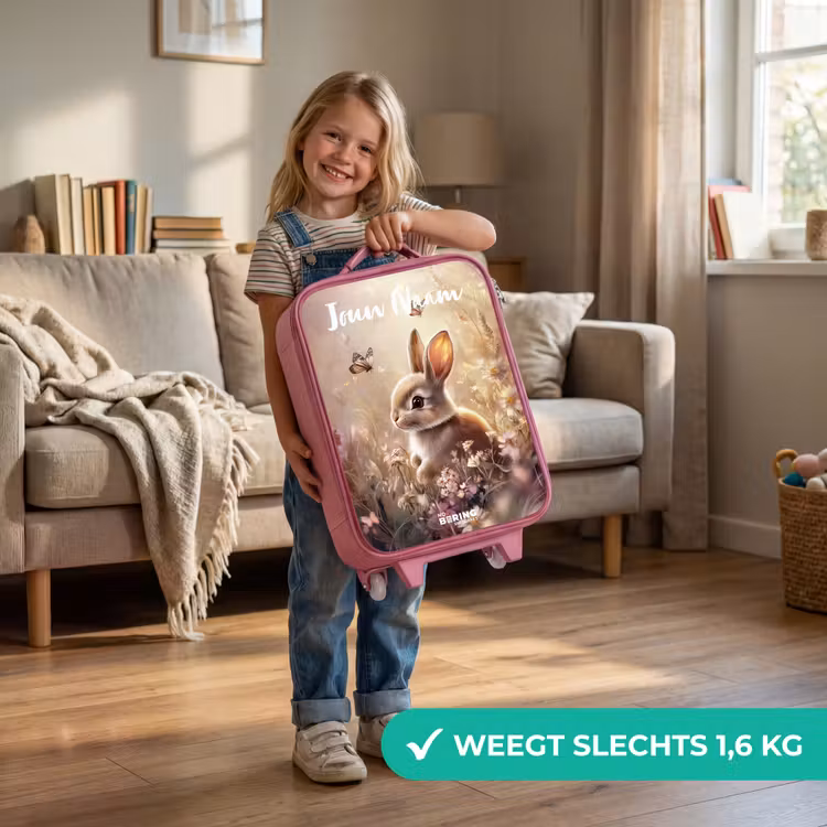 Kinderkoffer met naam - Roze - Konijntje - Bruin - Bloemen - Vlinders — 2