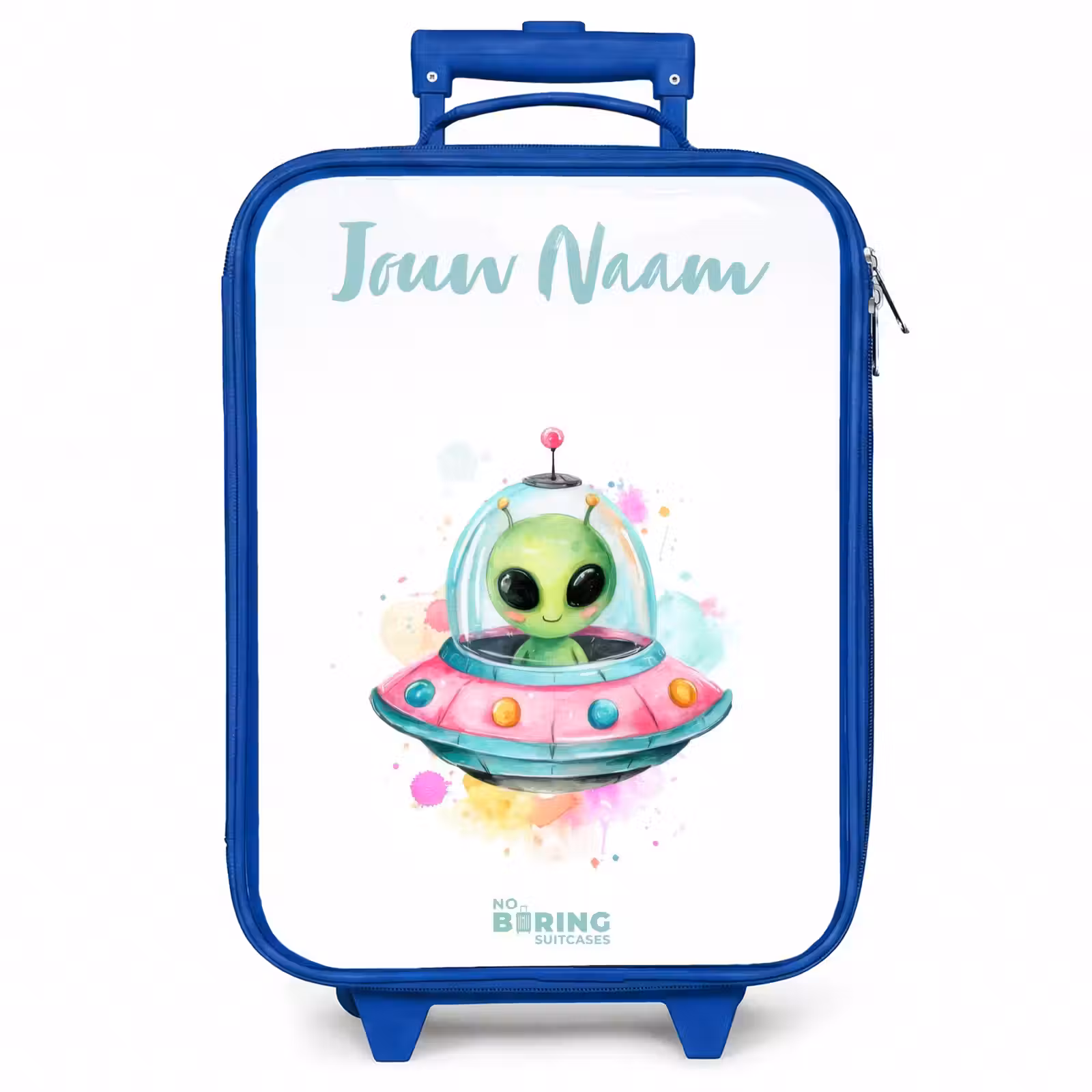 Kinderkoffer met naam - Blauw - Groene alien in kleurrijke UFO — 1