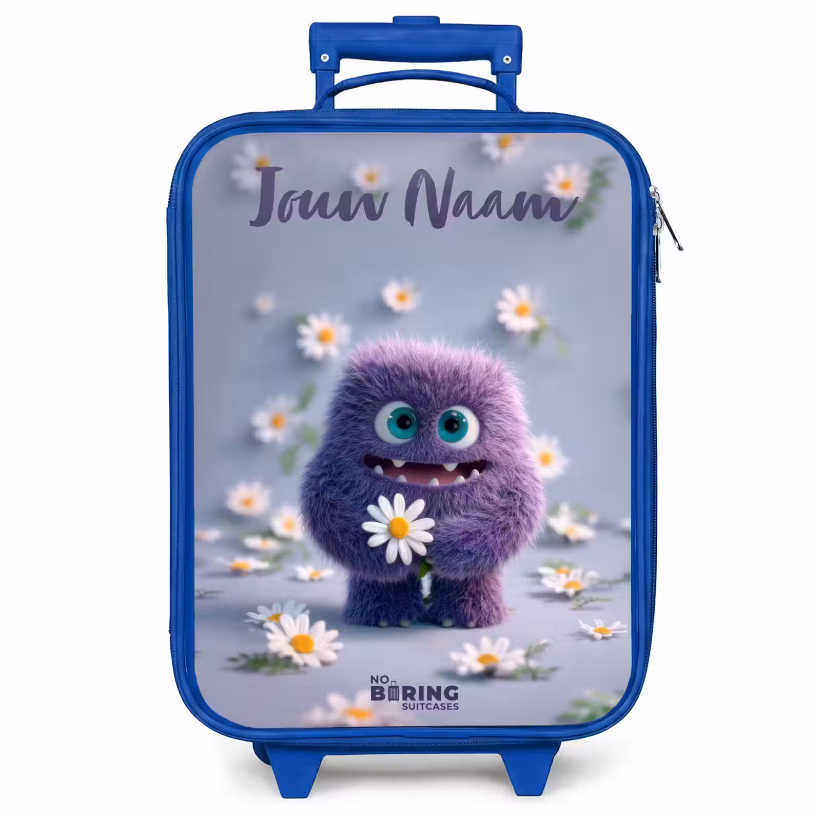 Kinderkoffer met naam - Blauw - Paars Pluizig Vriendje met Madelief — 1