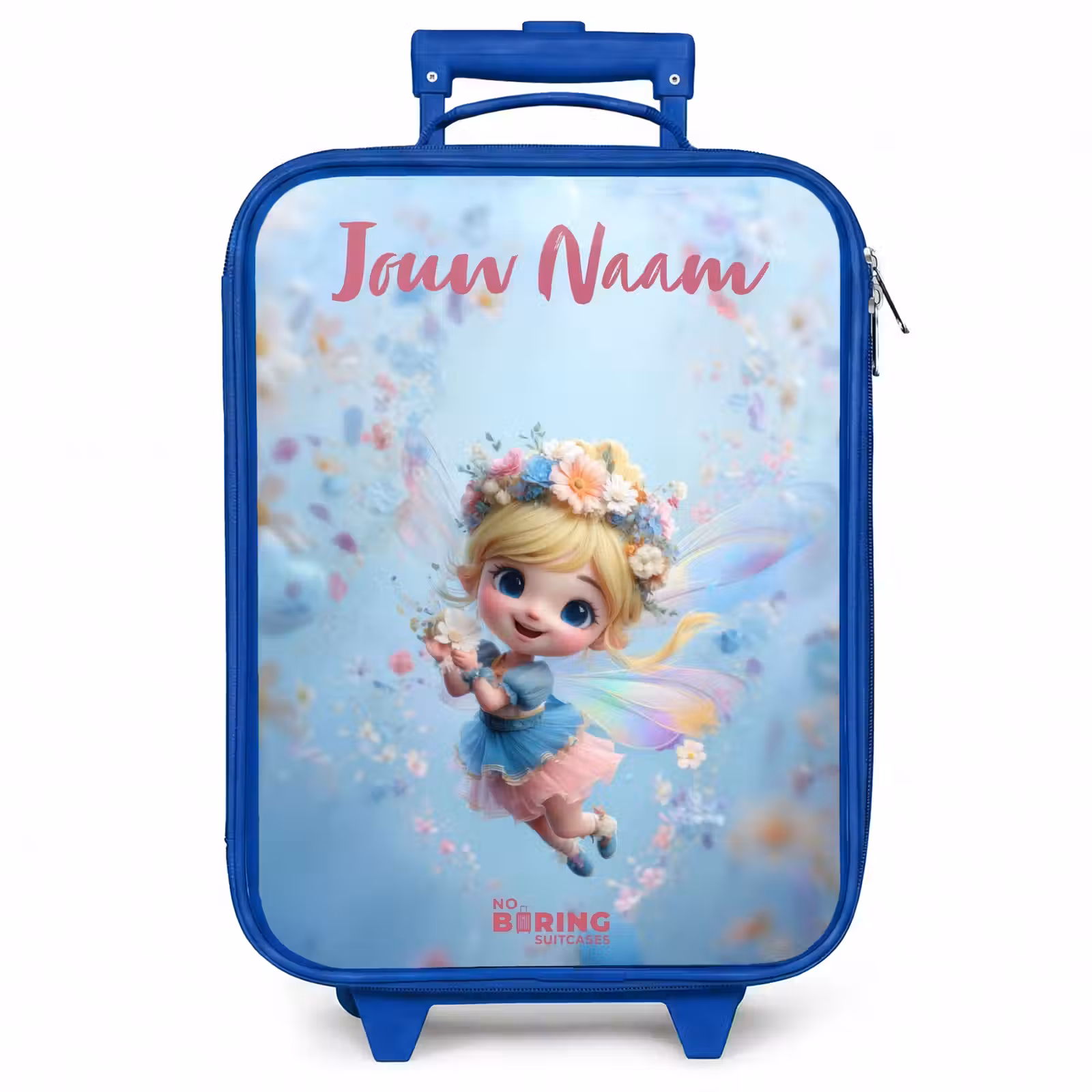 Kinderkoffer met naam - Blauw - Vlinderfee in Bloemenlucht — 1