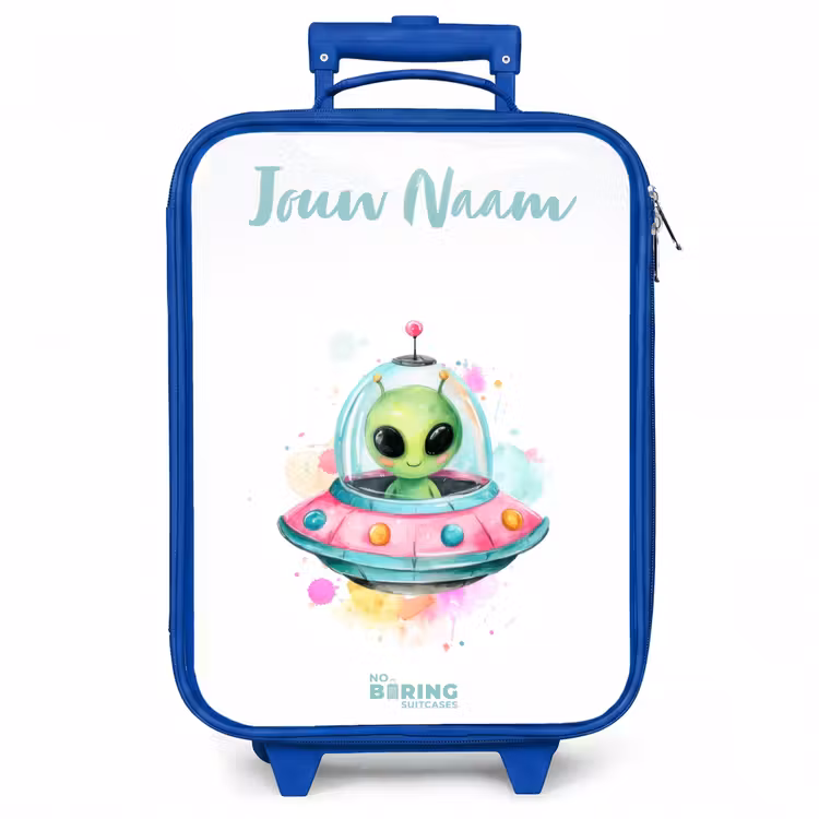 Kinderkoffer met naam - Blauw - Groene alien in kleurrijke UFO — 1