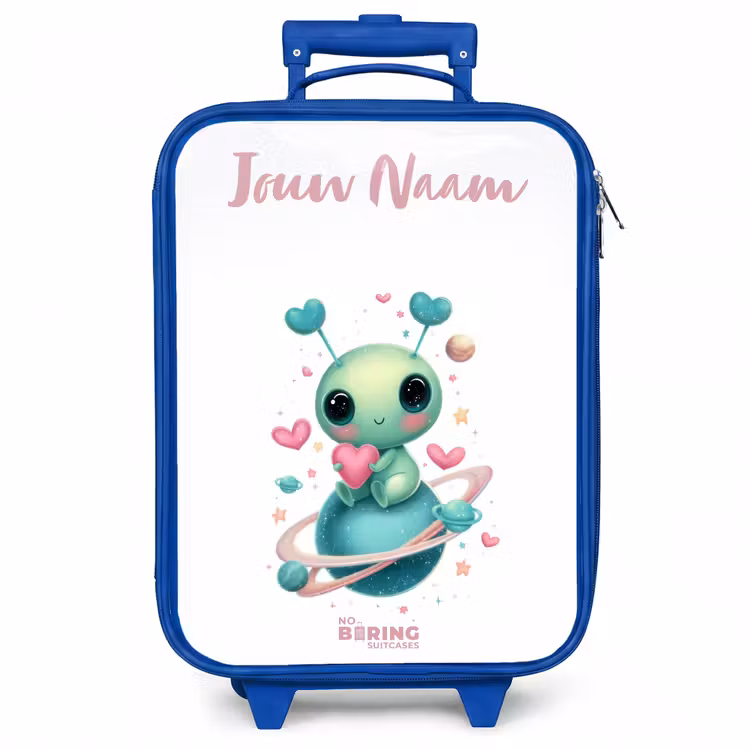 Kinderkoffer met naam - Blauw - Lief buitenaards wezentje met hartje — 1