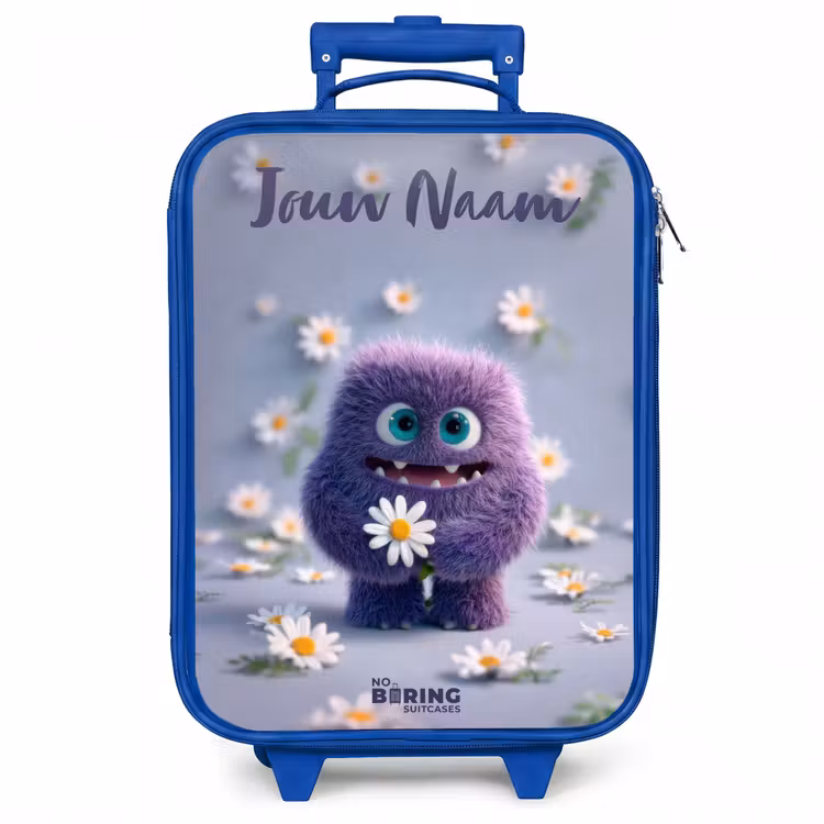 Kinderkoffer met naam - Blauw - Paars Pluizig Vriendje met Madelief — 1