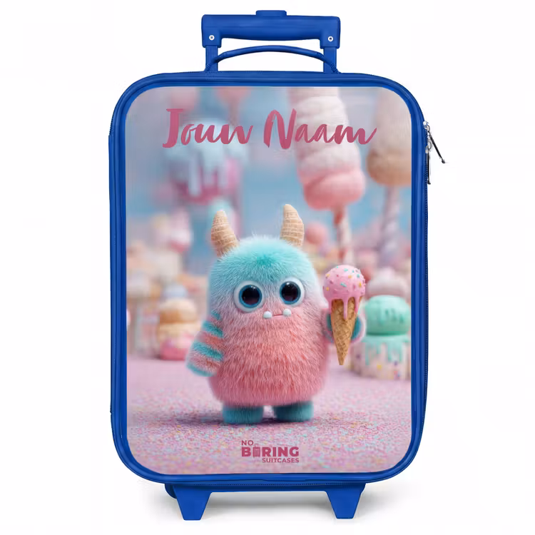 Kinderkoffer met naam - Blauw - Zoet Monstersnoep Avontuur — 1