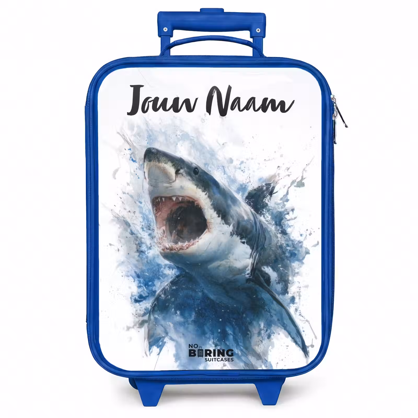 Kinderkoffer met naam - Blauw - Aanvallende haai in waterverf — 1