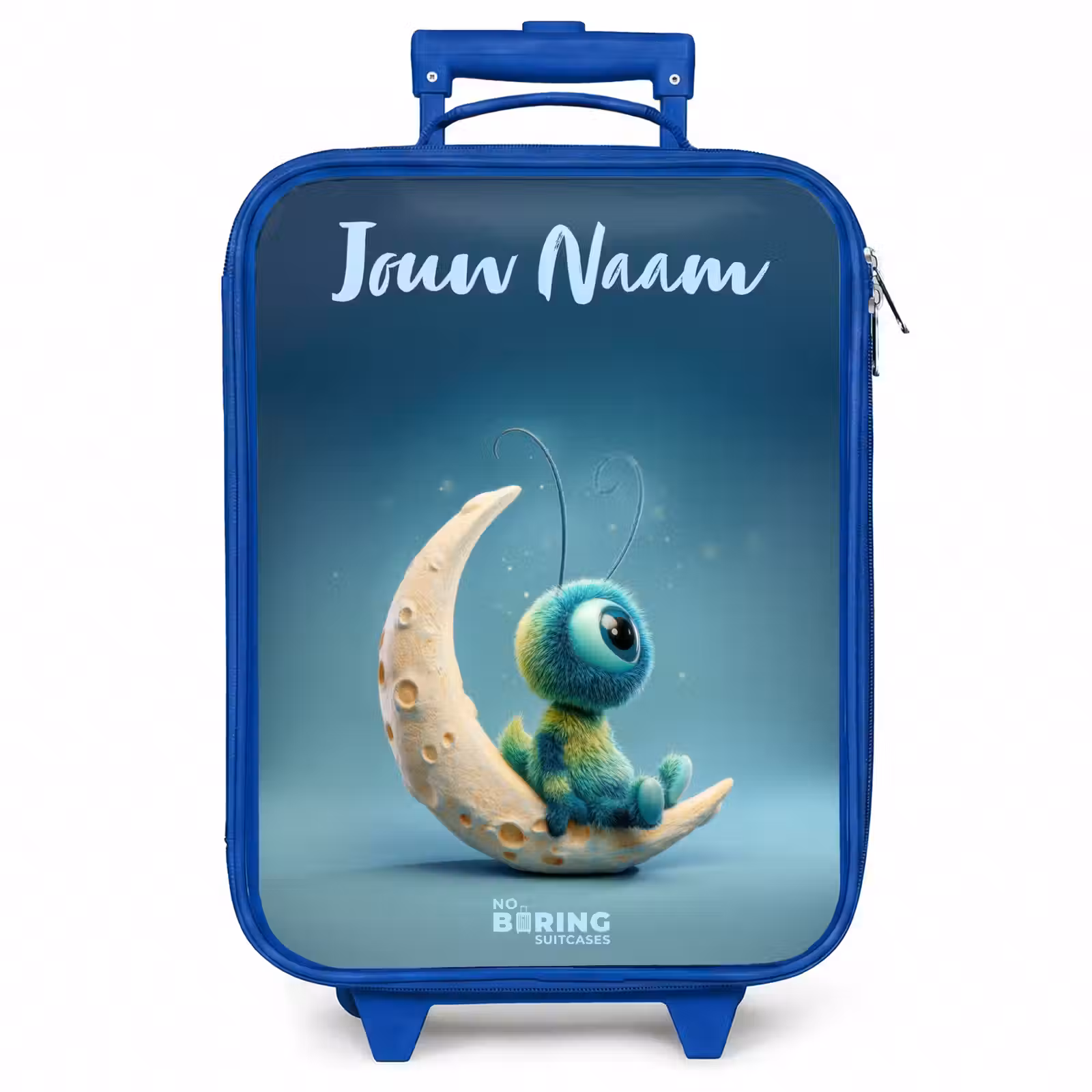 Kinderkoffer met naam - Blauw - Dromerig Wezentje op de Maan — 1