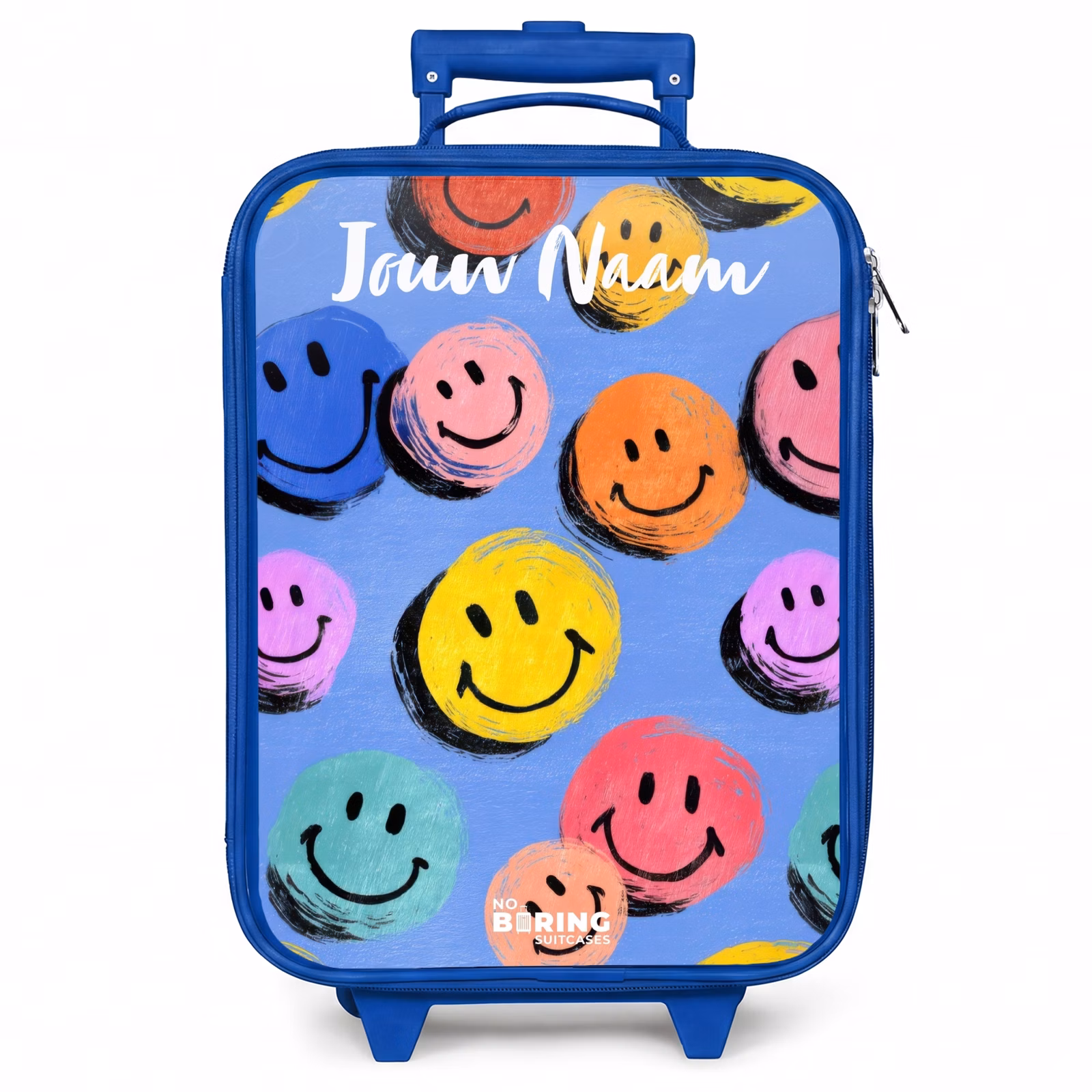 Kinderkoffer met naam - Blauw - Een speels en kunstzinnig patroon van kleurrijke smileys — 1
