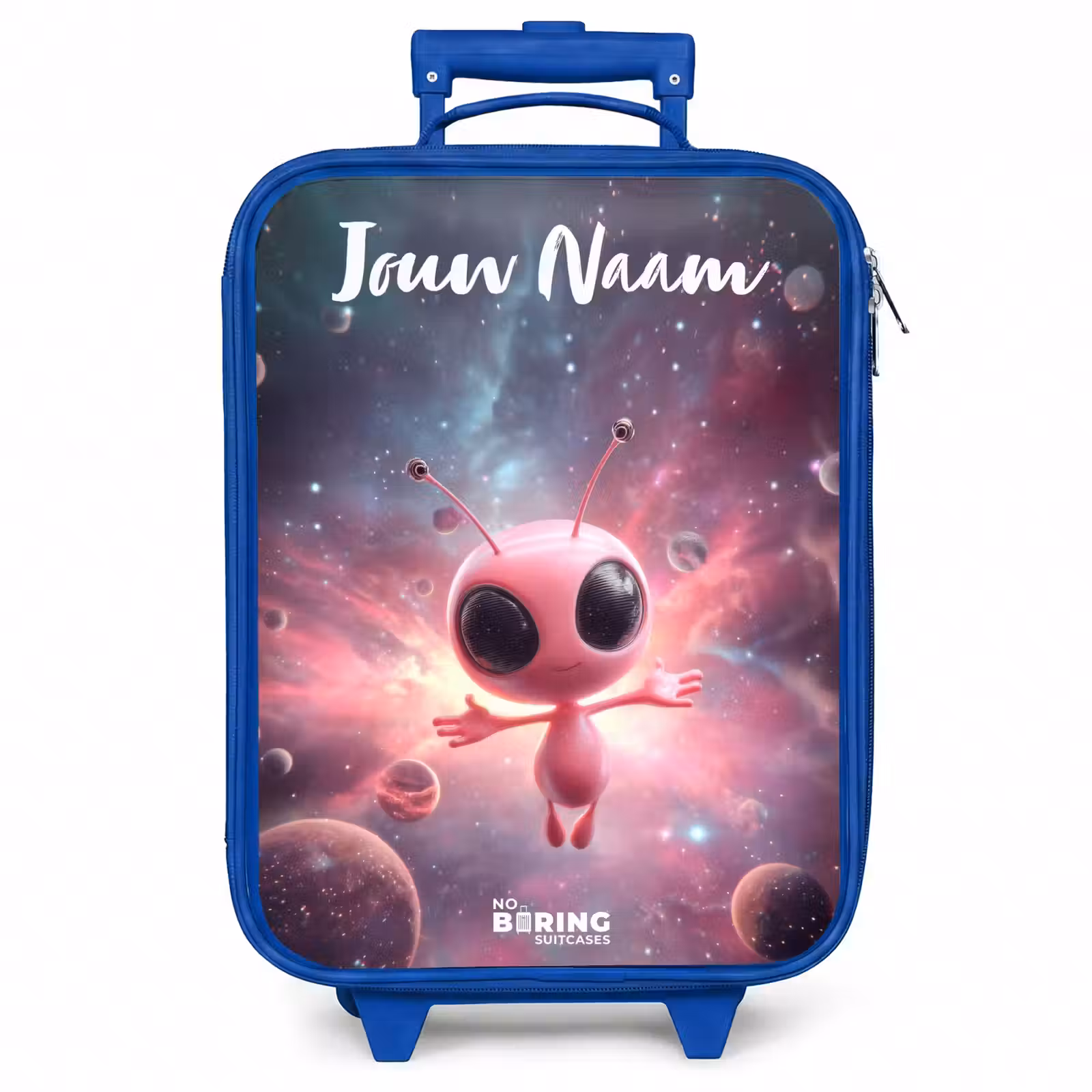 Kinderkoffer met naam - Blauw - Roze Alien in Sterrennevel — 1
