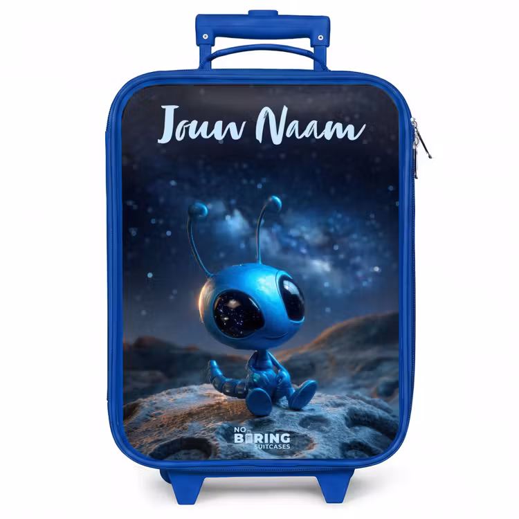 Kinderkoffer met naam - Blauw - Blauw buitenaards wezentje onder sterrenhemel — 1