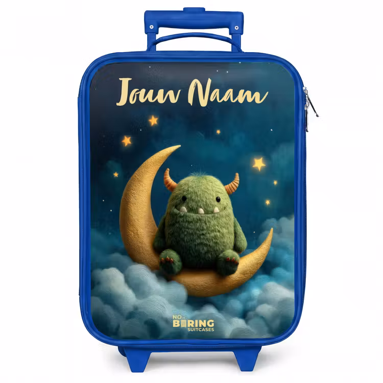Kinderkoffer met naam - Blauw - Groen monster op maansikkel — 1