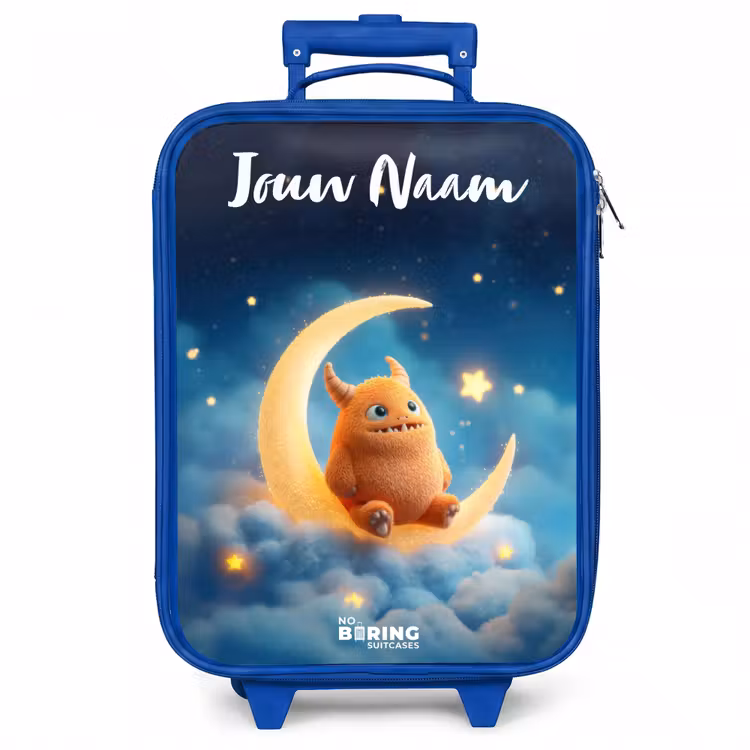 Kinderkoffer met naam - Blauw - Oranje monster op maansikkel — 1