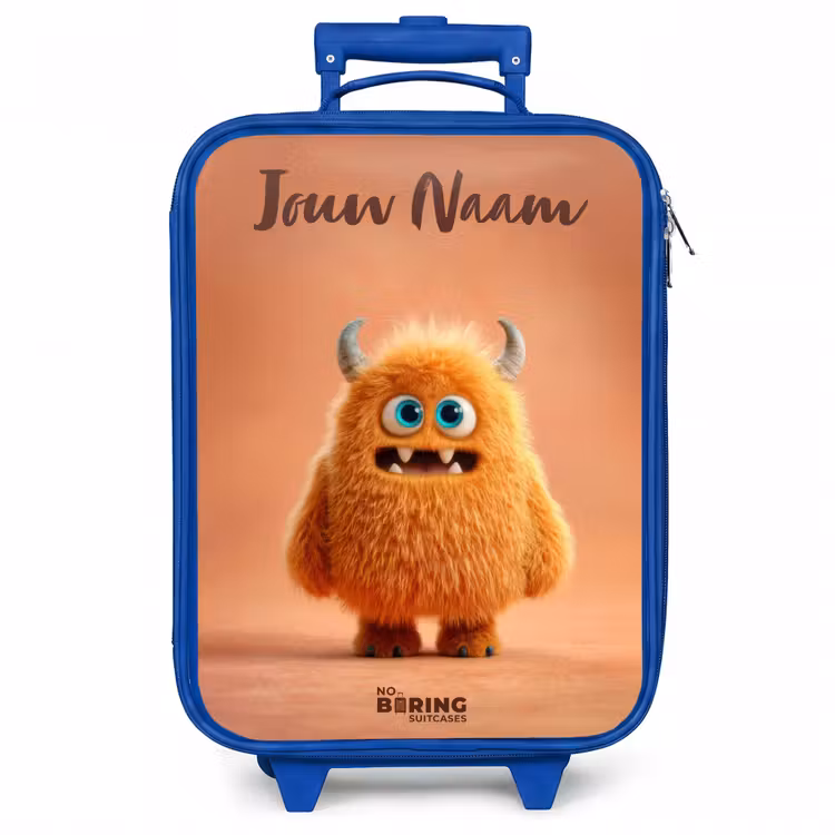 Kinderkoffer met naam - Blauw - Oranje Pluizig Monster met Hoorns — 1
